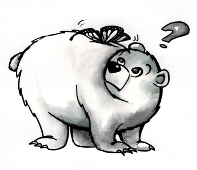 Zwart/wit illustratie van een beer.