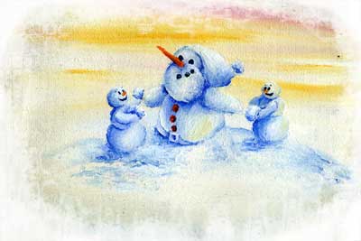 Oil painting of snowmen, used on a Christmas card.