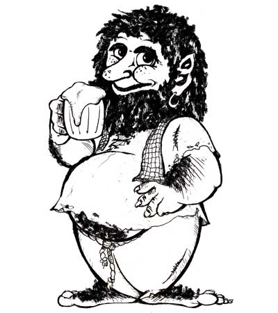 Een handgeschepte illustratie van een trol met een beker bier.
