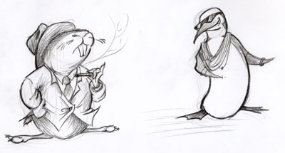 Conceptschets voor personages van een hamster en een pinguïn.