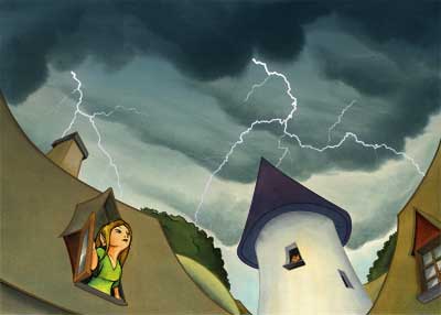 Lightning striking Knockturnia castle.