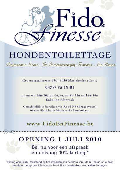 Een strooifolder ontworpen voor de opening van het nieuwe hondentoilettage salon Fido en Finesse.